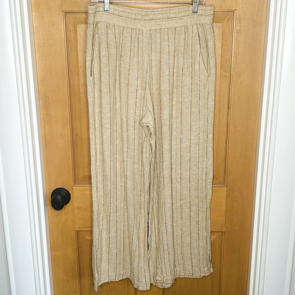 Drew Wide Leg Linen Pants L Flowy Beach Tan Stripes Slits Pull On Elastic Waist - Picture 1 of 6